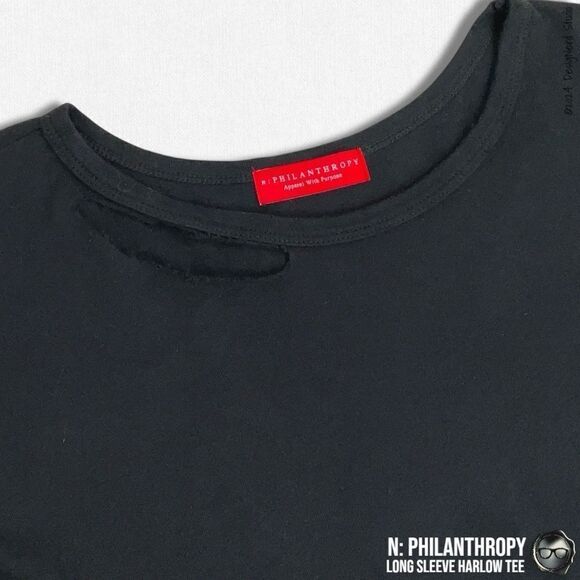 N:PHILANTHROPY LONG SLEEVE HARLOW BFF TEE SHIRT IN BLACK CAT CUT OUT NECK BAND - Picture 7 of 12